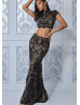 Two Piece Black Crochet Lace Charming Maxi Party Dress